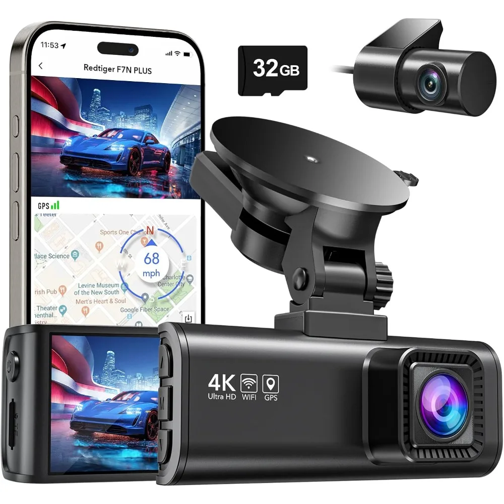 Kamera dasbor depan belakang, kamera dasbor Full HD 4K/2.5K untuk mobil, gratis kartu 32GB, GPS Wi-Fi bawaan, layar IPS 3.16 ", penglihatan malam