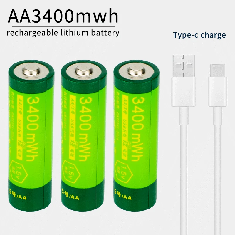 New 1.5V AA Rechargeable Battery 3400mwh Rechargeable AA Battery Lithium Polymer Battery Quick Charging by Type-C USB Cable