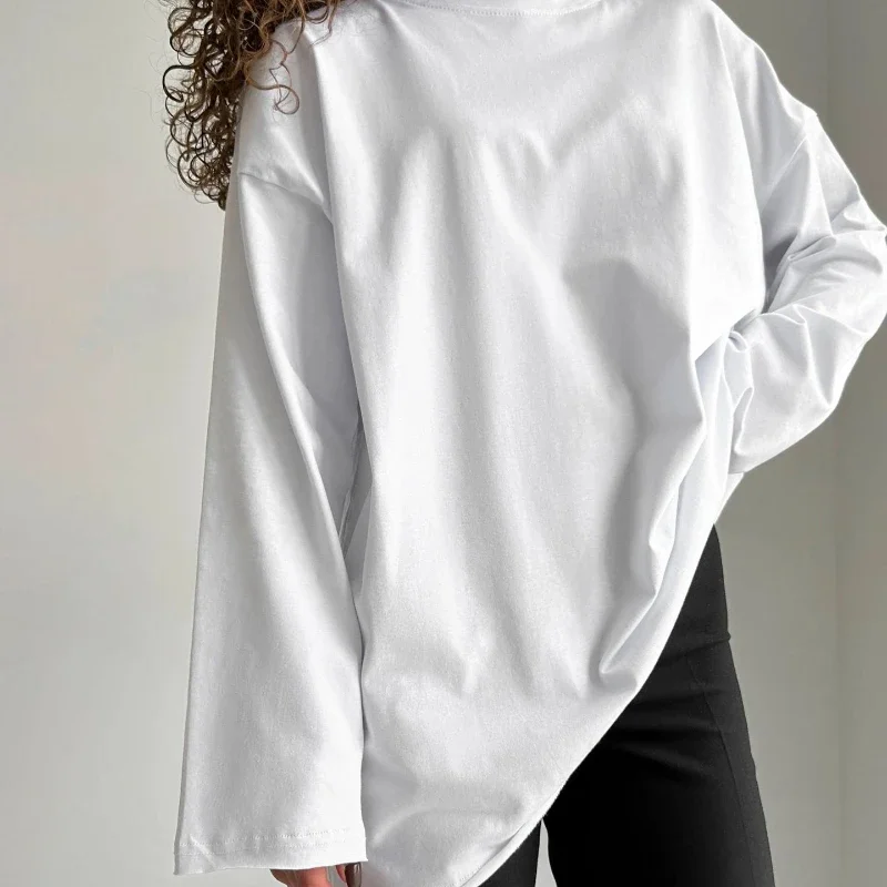 2025 봄/여름 여성을위한 새로운 유럽과 미국 스타일의 순수 코튼 긴 소매 티셔츠, 수제 착용 루즈 탑