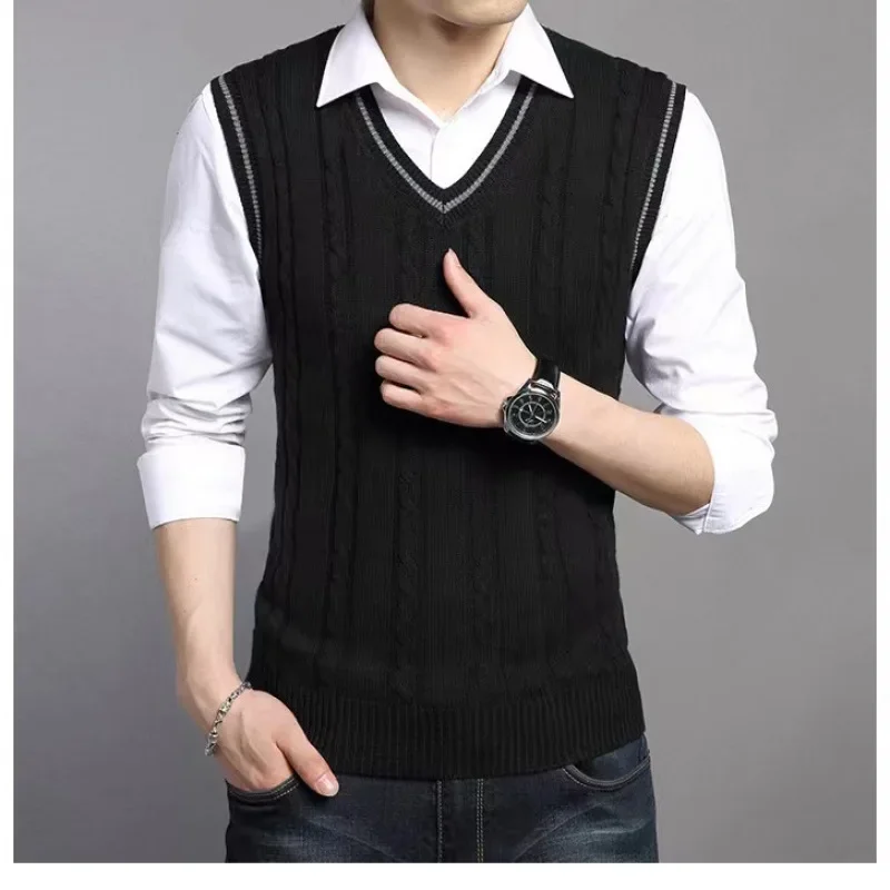 2023 Autumn Winter Men Uniform Vest Fashion V Neck British Student Sleeveless Vest Waistcoat Tops Business Sweaters Vests