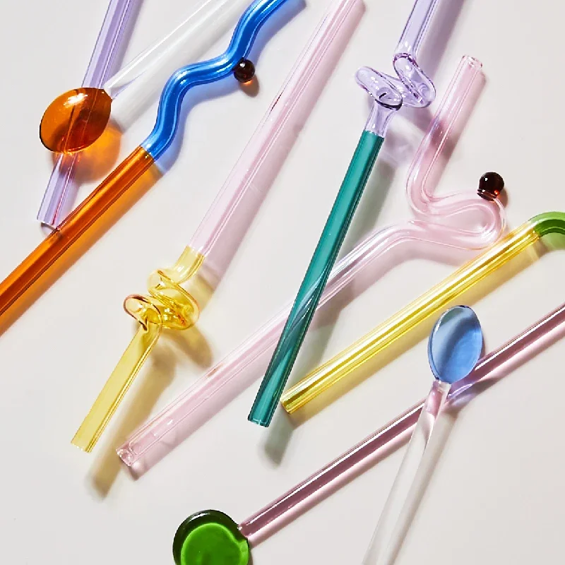 Nordic Color Glass Straw  Lovely Coffee Mixing Bar Design Reusable Straw Long Stem Glass Straw Drinkware Drinking Water Cup