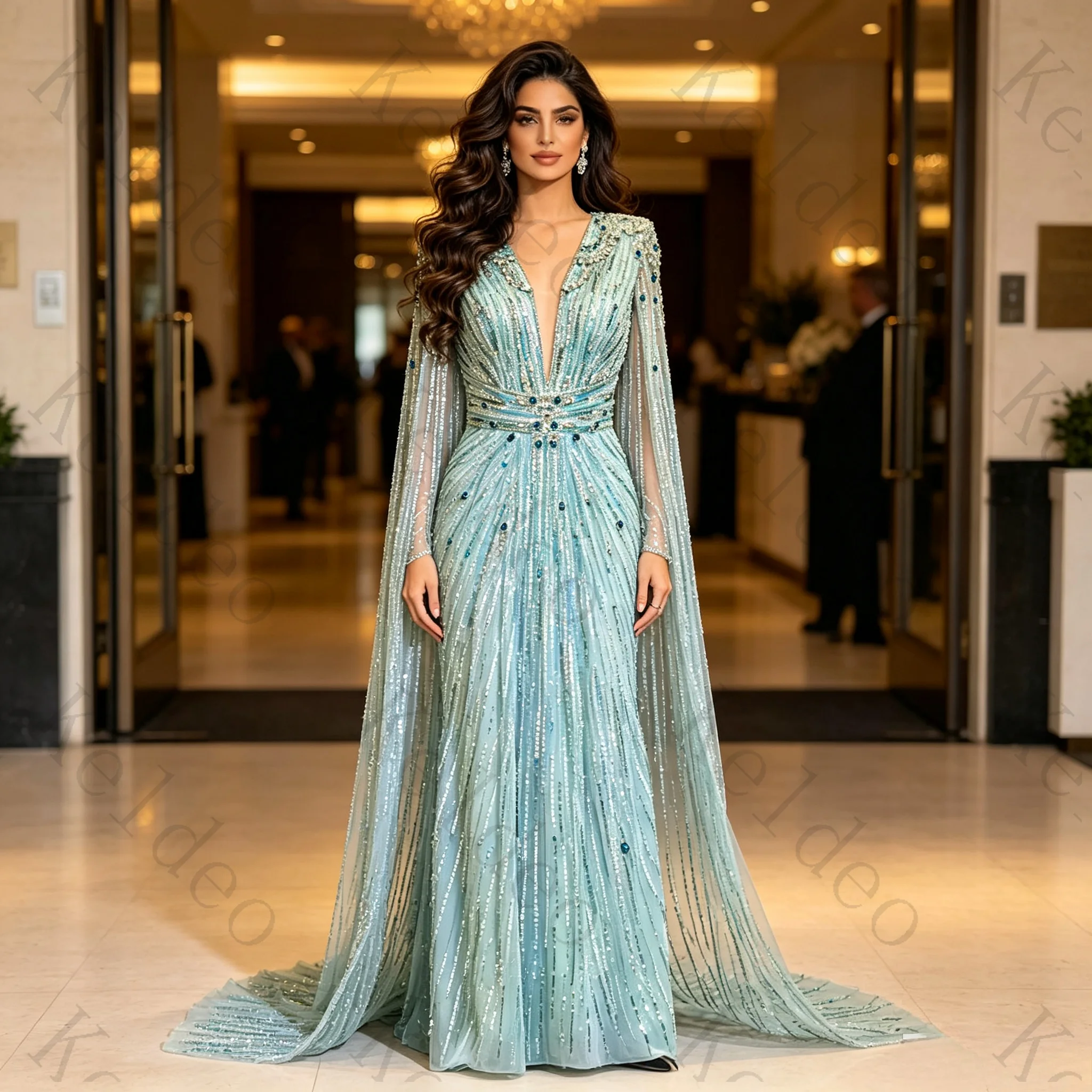 Customized Luxury Green Evening Gown Crystal Beaded Long Shawl V-Neck Mermaid Formal Dress for Wedding Prom Banquet Dinner Party