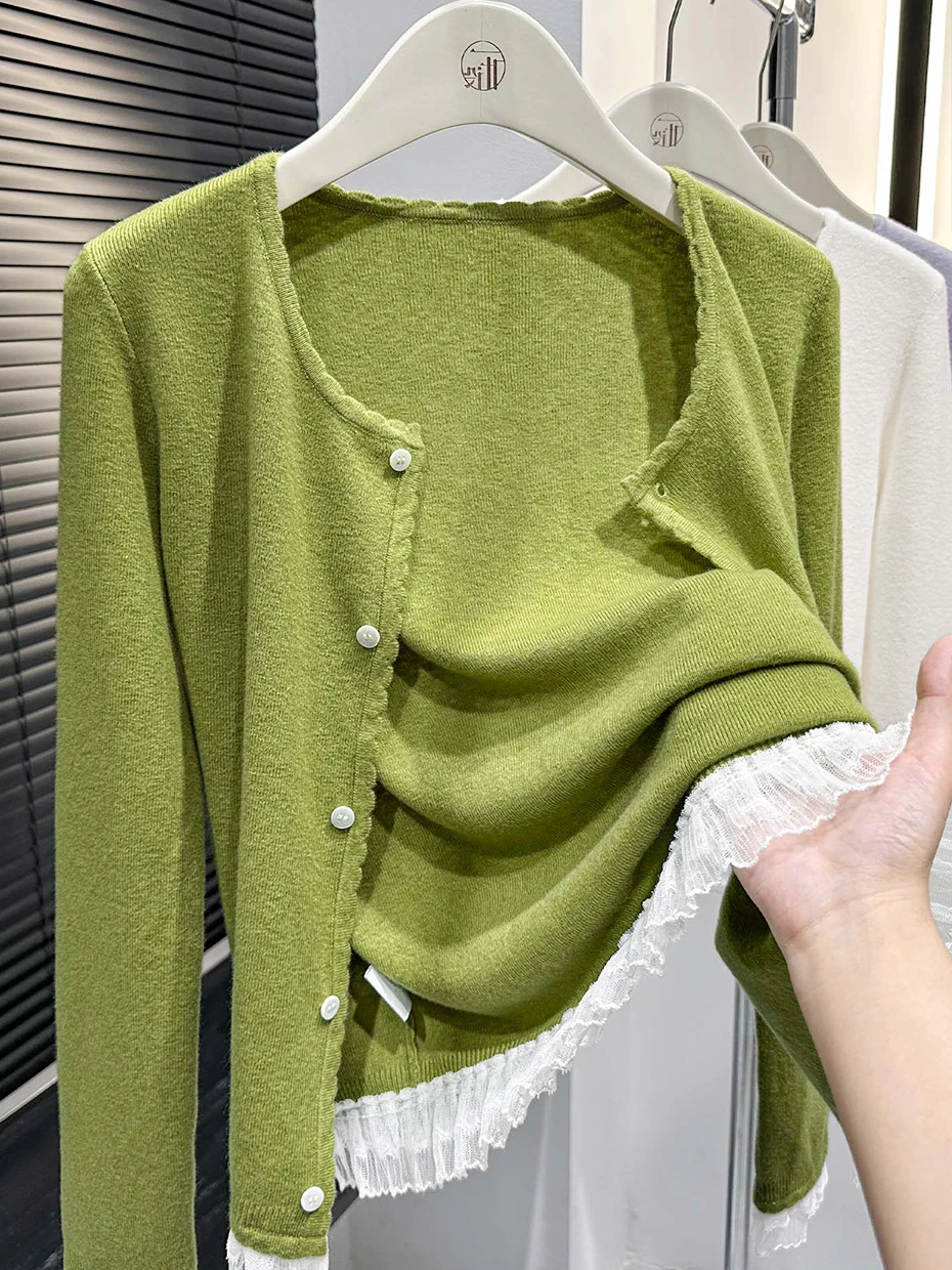 

Green Lace Splicing Women's Jacket Spring New Style Slimming Top Beautiful Unique Design Commute Style Polyester Fiber Long S...