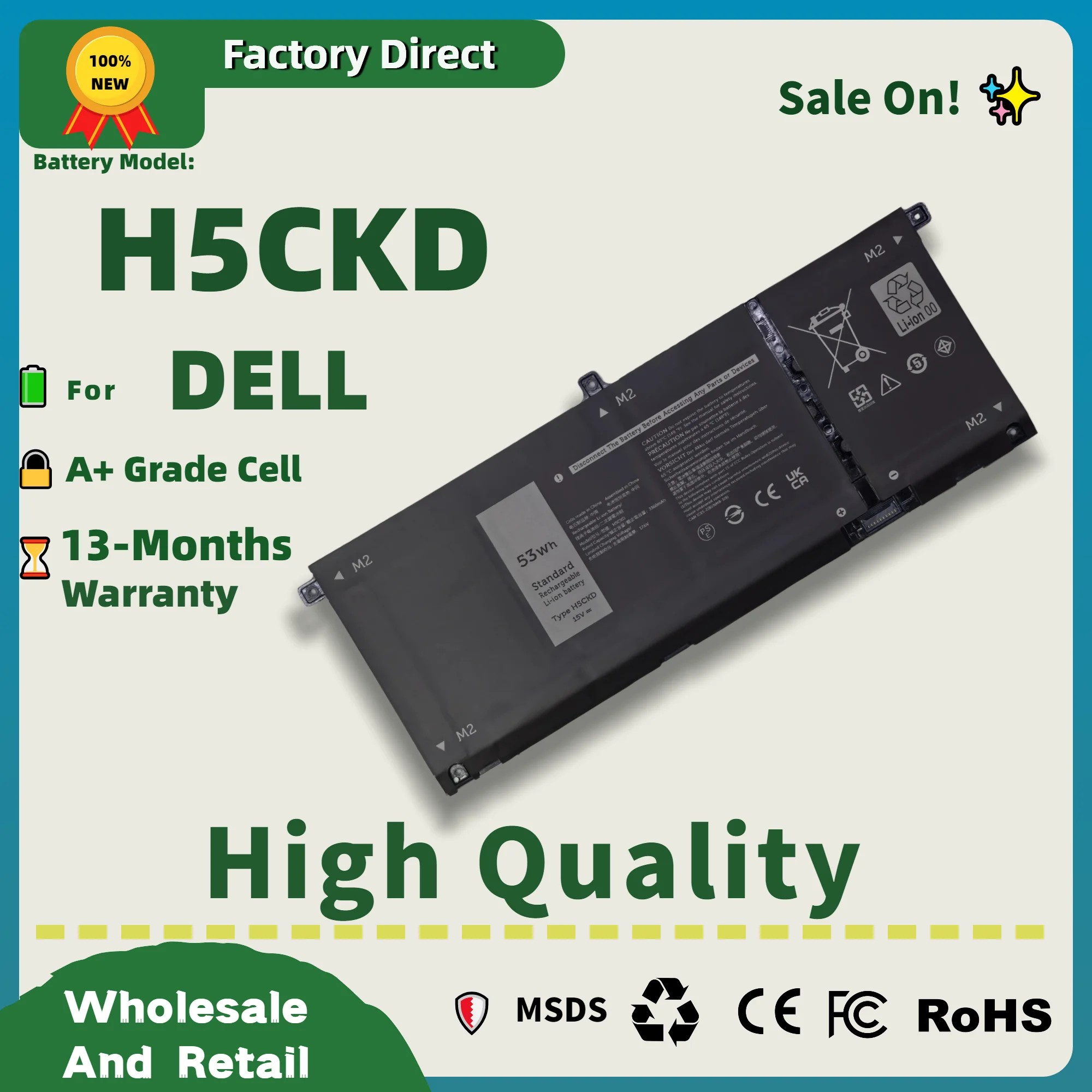 Factory Direct! Factory Direct! H5CKD JK6Y6 Battery for Dell Inspiron 5406 7405 7306 7506 2-in-1 5401 5402 5409 5502 5508