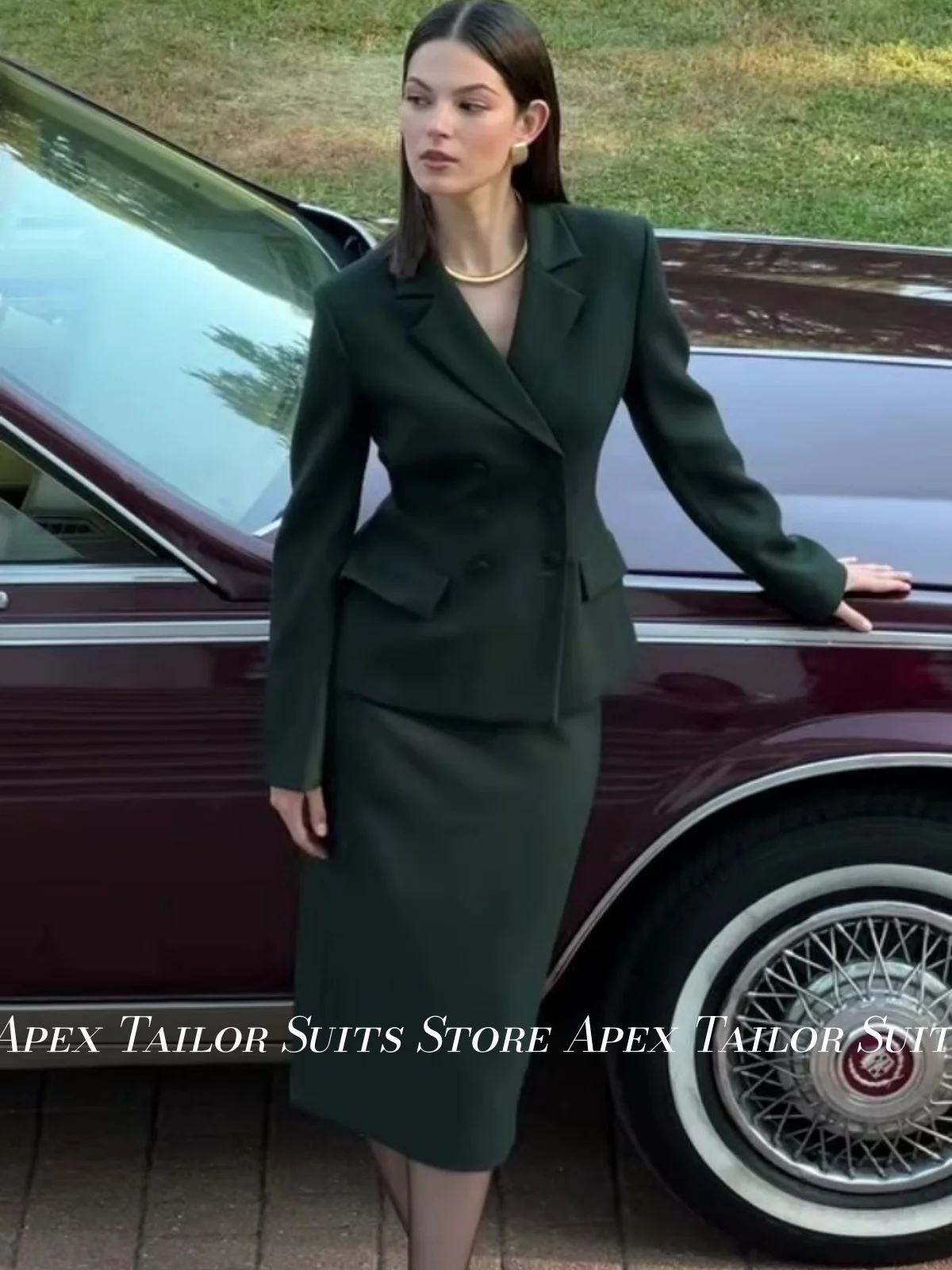Women 2‑Piece Suit Set Dark Green Double Breasted Blazer Midi Skirt Suit Elegant Office Business Formal Work Wear Outfit