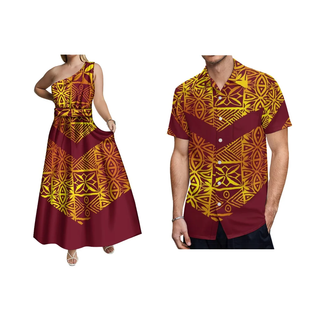Lace-Up Waist Design Women'S Long Dress Men'S Shirt Custom Polynesian Vintage Print Skin Friendly Soft Fabric Couple'S Dress