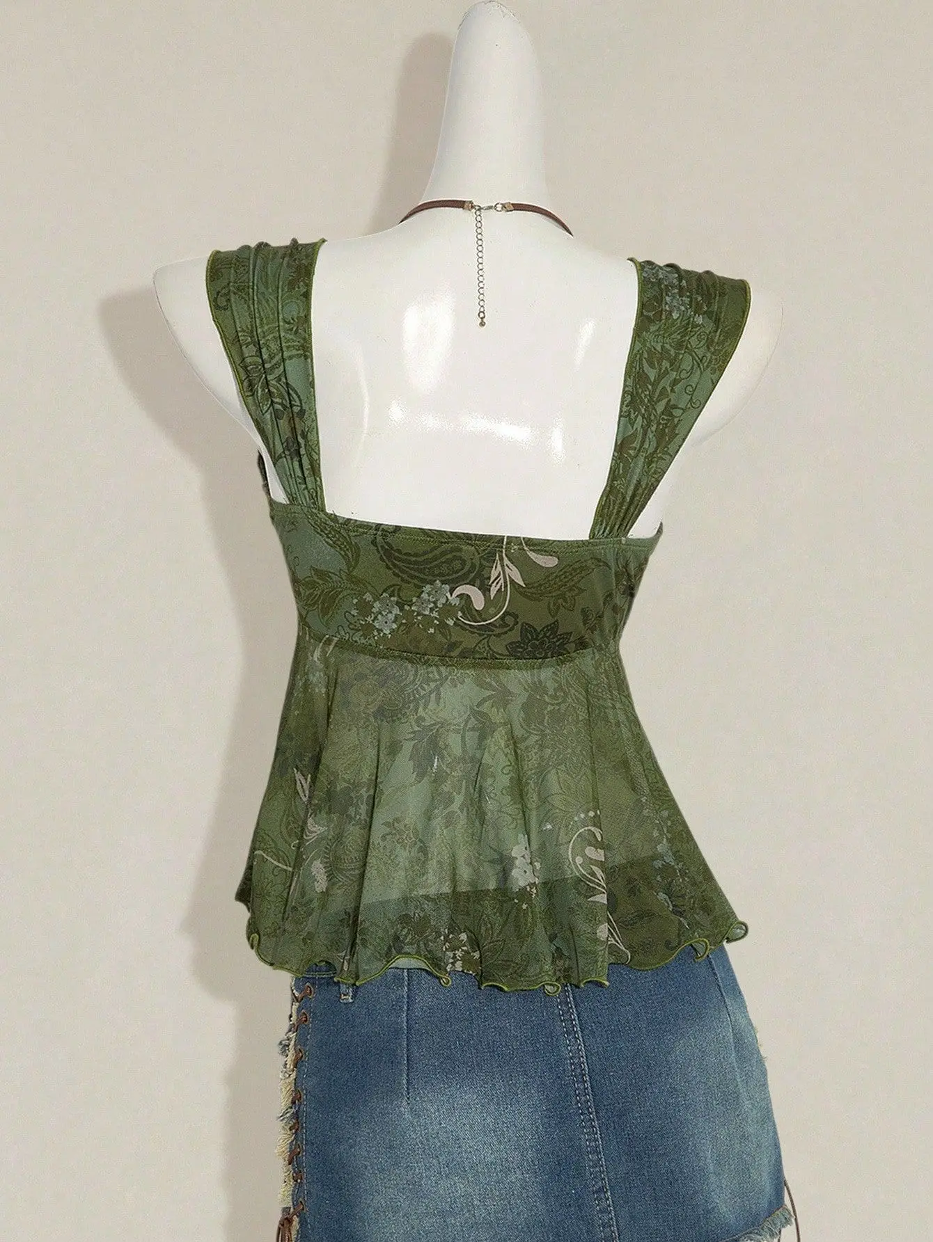 Vintage Green Paisley Mesh Cami Top Sweetheart Neck Twist Front Irregular Ruffle Hem Boho Sleeveless Y2K Tank Vest Top For Women
