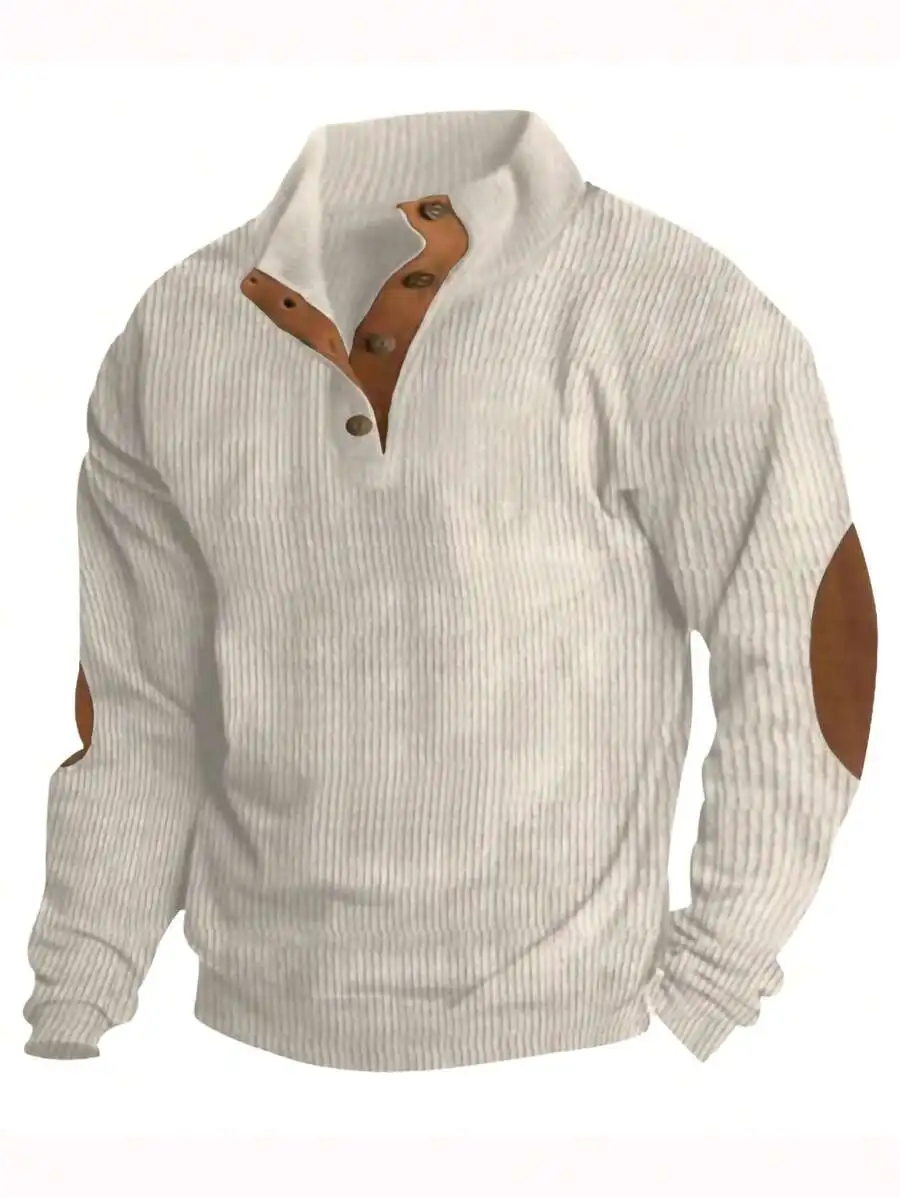 

Мужской свитер-хенли из ребристой ткани с кожаными нашивками на локтях и воротнике