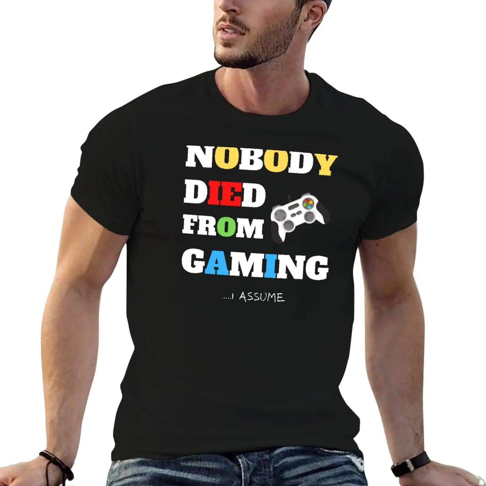 NOBODY DIED FROM GAMING, gamer, geek, text, futuristic, game pad T-Shirt Basic Daily Outfit Short Sleeve Tee