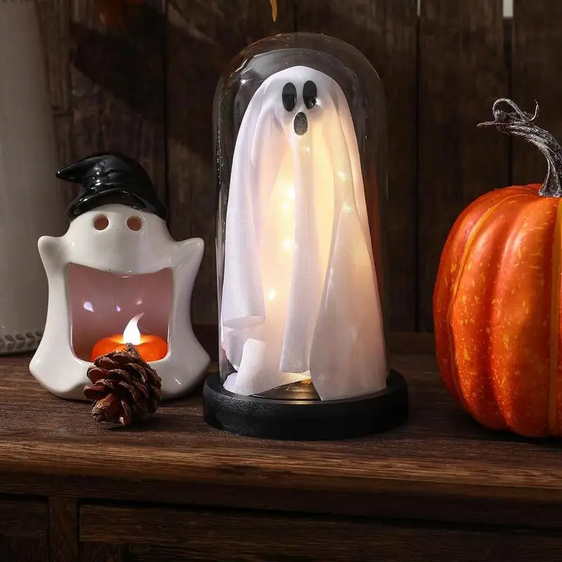 Halloween Ghost Cloche Lighted Ghost Under Glass Dome Holiday Small Ghost Desk Ornament For Incorporating Festive Customs