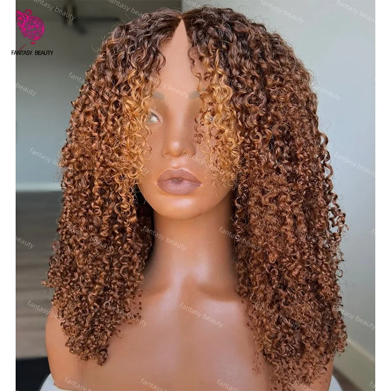 360 Brown Colored Kinky Curly Human Hair Wig Bleached Knots 1x4 Middle V Part Open Glueless Easy Wear Curly Wigs For Black Women