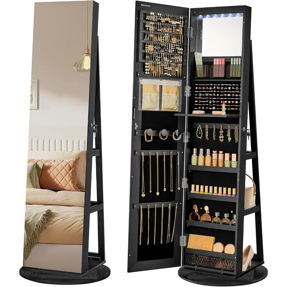 

6 LEDs Lockable Mirror Jewelry Cabinet, 360° Swivel Jewelry Organizer, Standing Jewelry Armoire, Frameless Full-Length Mirror