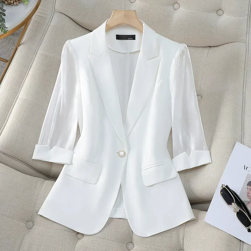 

Pop Spring Summer Female Blazer Office Ladies Formal Jacket Coat Women Clothing Mid Sleeve Single Button Suit Jacket Outerwear