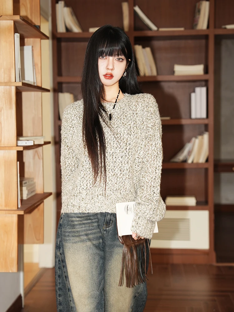 

Retro Knitted Sweater Women's Loose Casual Long Sve Pullover Autumn Winter New Sle Lazy Sle Mixed Fiber Twist Flower