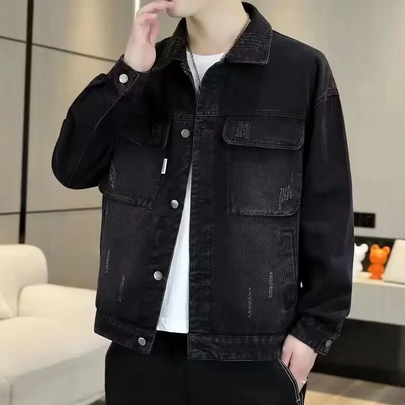 

Spring Autumn New Fashion Men's Black Blue Solid Color Casual Trendy Turn-down Collar Breasted Denim Coats Male Clothes Jackets