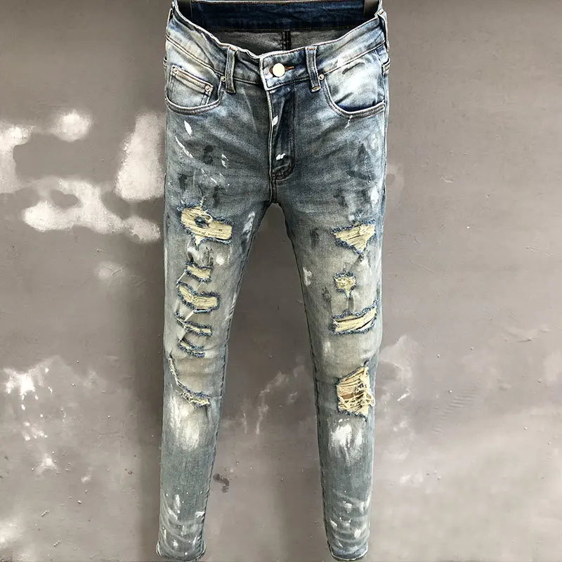 

Hip Hop Style Trousers For Men High Quality Ink Splash Patchwork Male Ripped Hole Design Stretchy Jean Pantalon Vaqueros Hombre