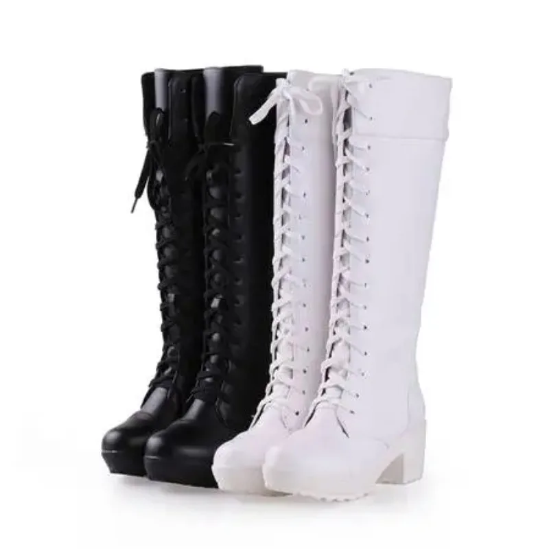 

Women's Boots The New Autumn and Winter Fashion Round Head Lace-up High Heel High Tube Women's Shoes Plus Size 34-43 6.5cm High