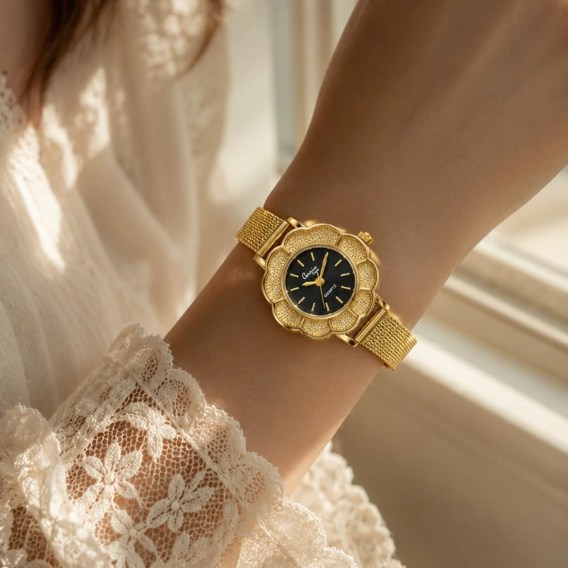 New Retro Gold Flower Women's Watch Fashion Luxury Small Dial Stainless Steel Quartz Watch Elegant Ladies Wristwatches Gift