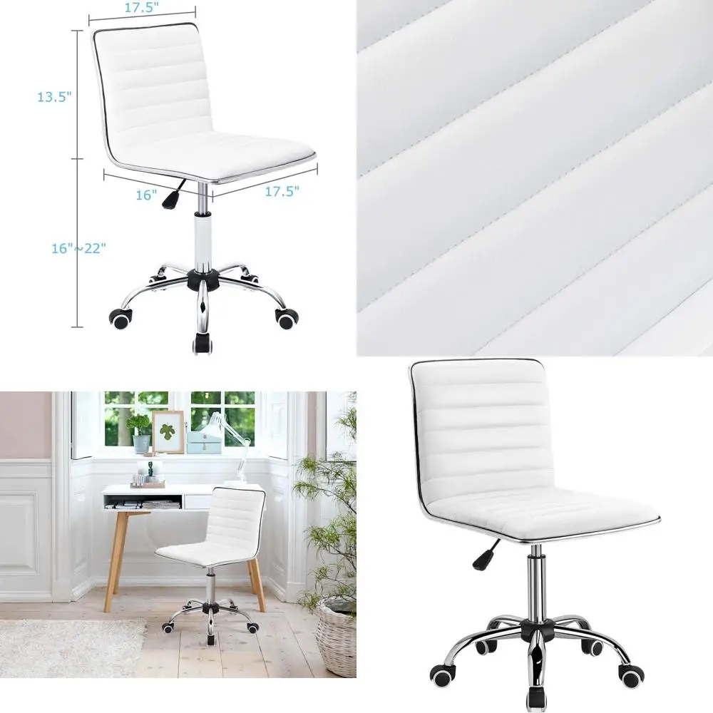 

Mid-Back Makeup Room Vanity Chair, Low-Back Swivel PU Leather Desk Chair, Retro Armless Ribbed Task Office Chair in White
