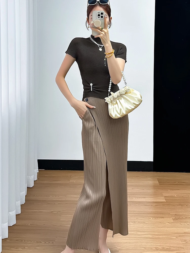 

Удобные плиссированные летние женские брюки прямого кроя в корейском стиле с боковыми пуговицами, модная одежда для защиты от солнца