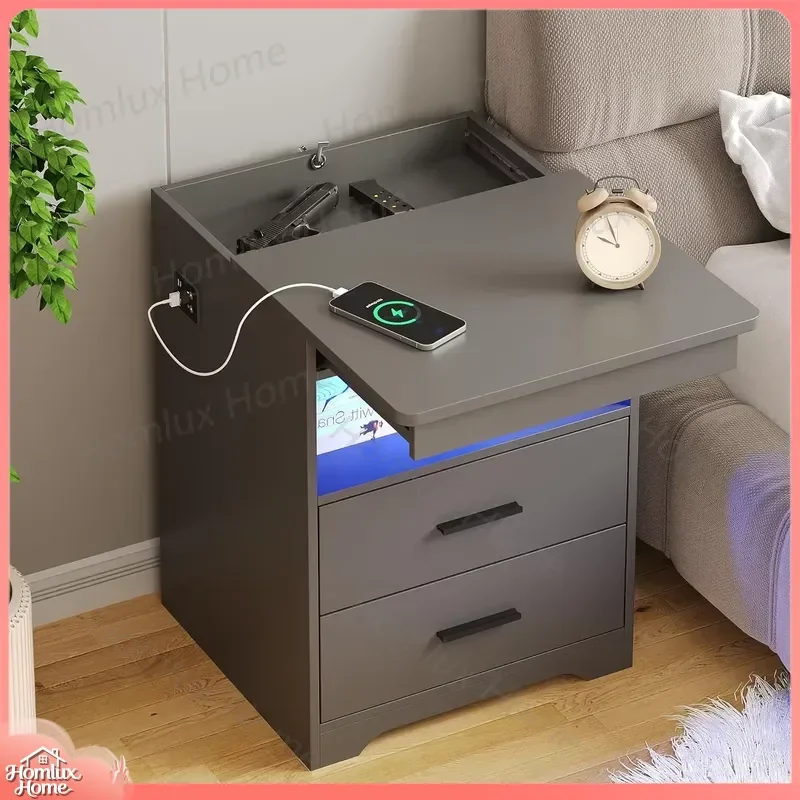 Modern LED Bedside Table with RGB Light Strip USB Type-C Charging Ports Hidden Lockable Storage Cabinet for Bedroom Living