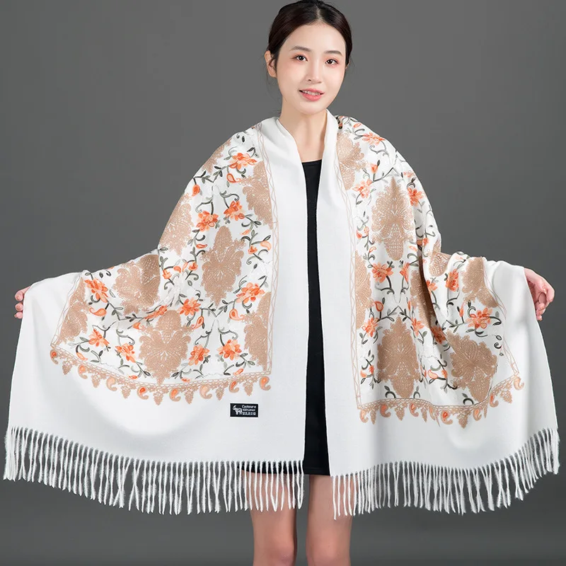 200*70Cm Winter Cashmere Pashmina Embroider Reversible Long Scarf Thick Warm Scarves Wrap Women Warm Mujer Bufanda Shawl