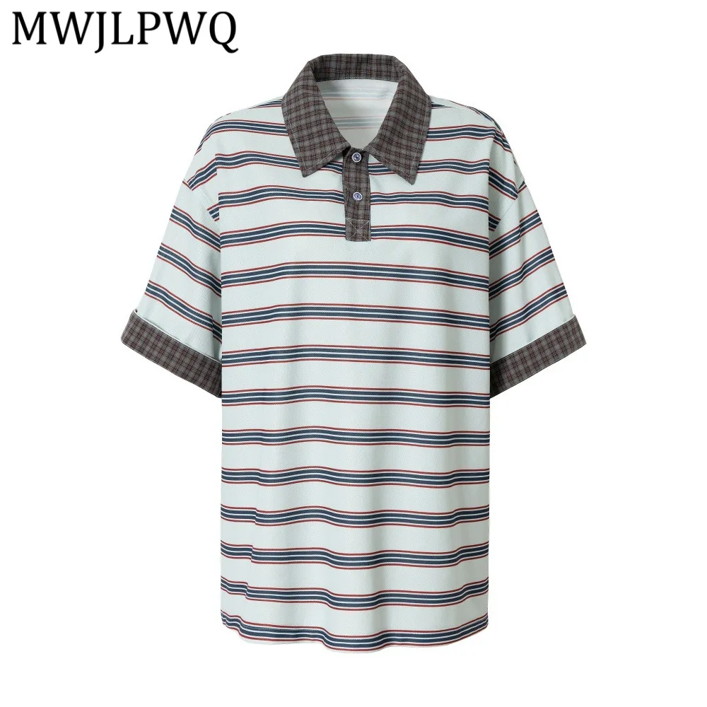 

Мужская футболка MWJLPWQ в стиле ретро с полосками, американский уличный стиль, с цветными вставками и отложным воротником, летняя новинка, повседневный свободный крой, 14336