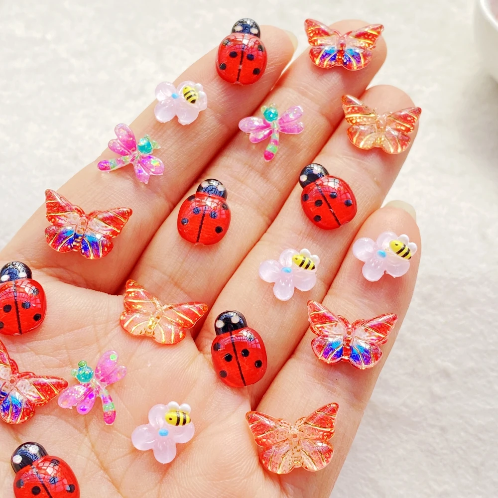 50Pcs Nail Art Mini Resin cartoon butterfly, beetle, dragonfly, bee flower Rhinestones DIY Craft For Nail 3D Decorations Jewelry