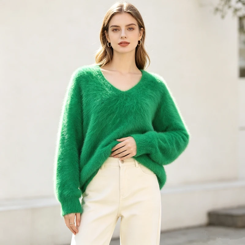 Ladies Women Autumn Winter Fashion Green Hairy Fuzzy Mink Cashmere Knitted V-Neck Long Sleeves Slim Blouses Sweater Jumper Pull