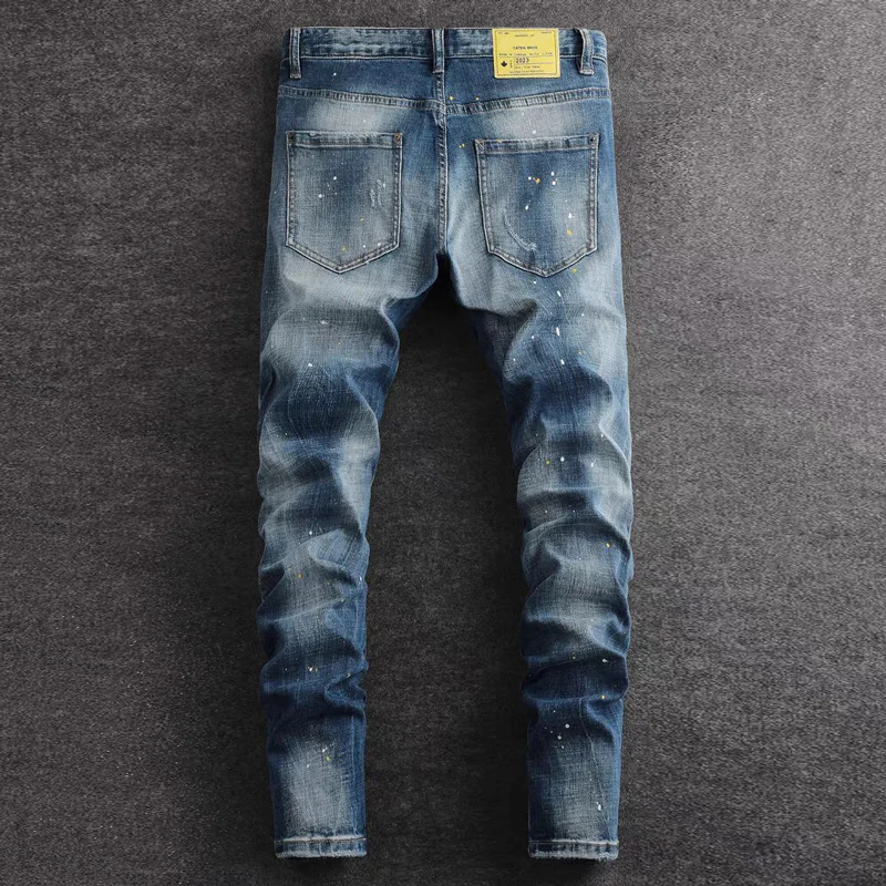 High Street Fashion Men's Retro Blue Jeans Elastic Slimming Ripple Jeans Men's Splicing Designer Brand Retro Denim Pants Hombre