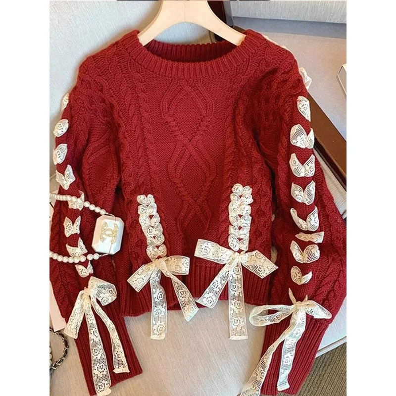 Autumn Winter New Christmas Red Knitting Sweater Women Clothes Fashion Patchwork Lacing Bow O-neck Long Sleeve Pullovers Femme