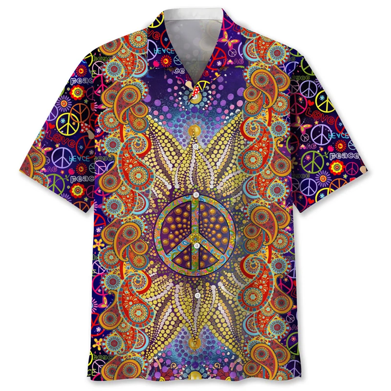 Vintage Colorful Peace Pattern Hawaiian Shirt For Men 3D Printed Floral Short Sleeves Lapel Shirts Summer Street Button Blouses