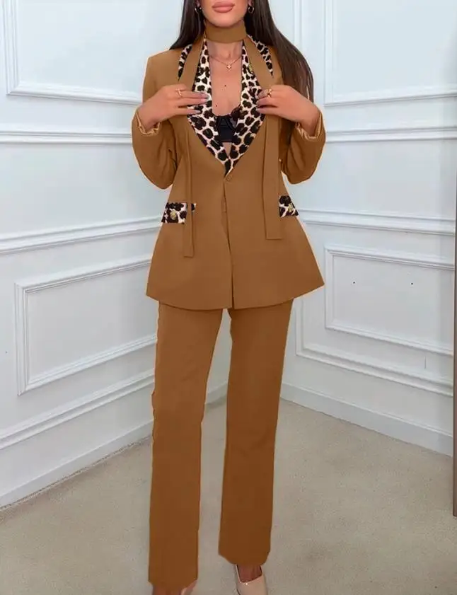 

2-piece metal decoration leopard print patchwork shawl collar single breasted flap detail jacket and zipper fly pants jacket set