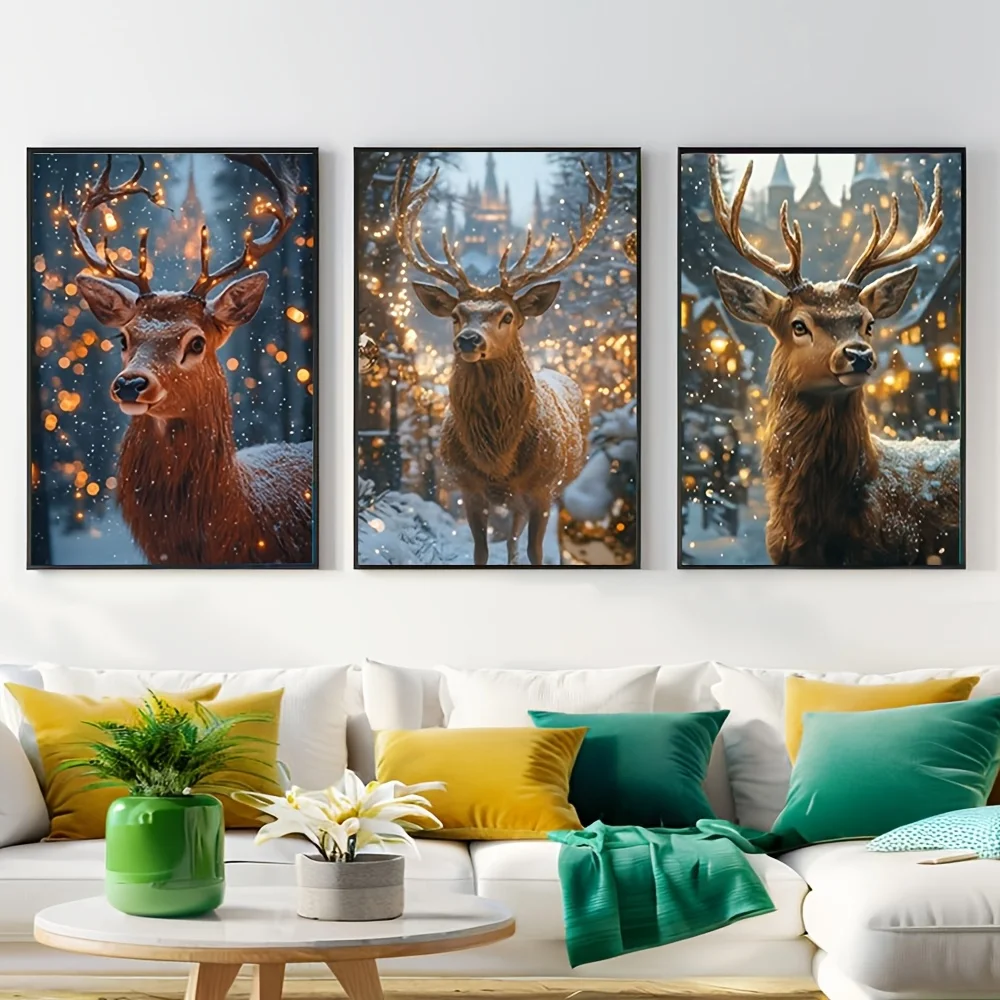3pcs Large Canvas Elk/Elk Forest Wall Art Posters - 3pcs AMXBZC Series Xmas & Nature Photography Backdrop Suitable for Living