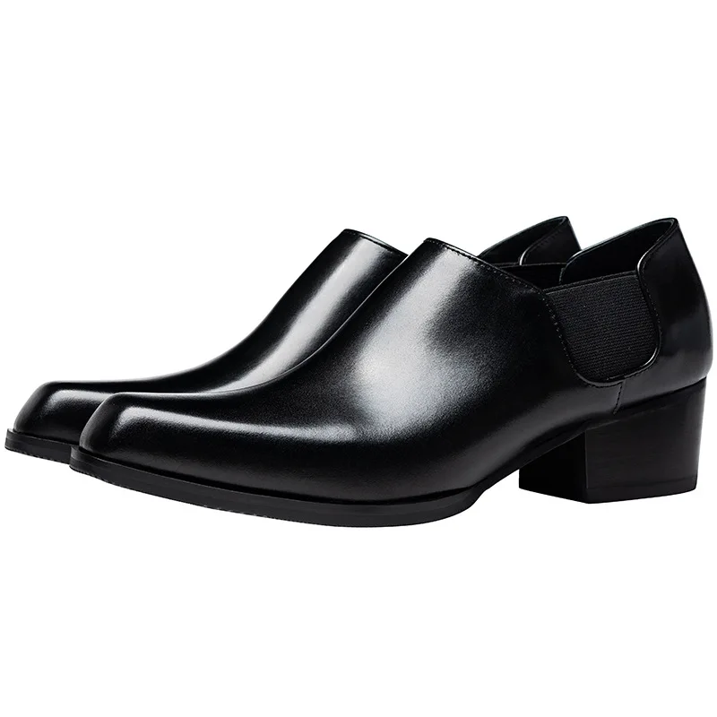 5CM Heels Men's Shoes Small Square Toe Black Cow Leather Dress Shoes Man Slip on High-heel Business Men Shoes, Sizes 37-44