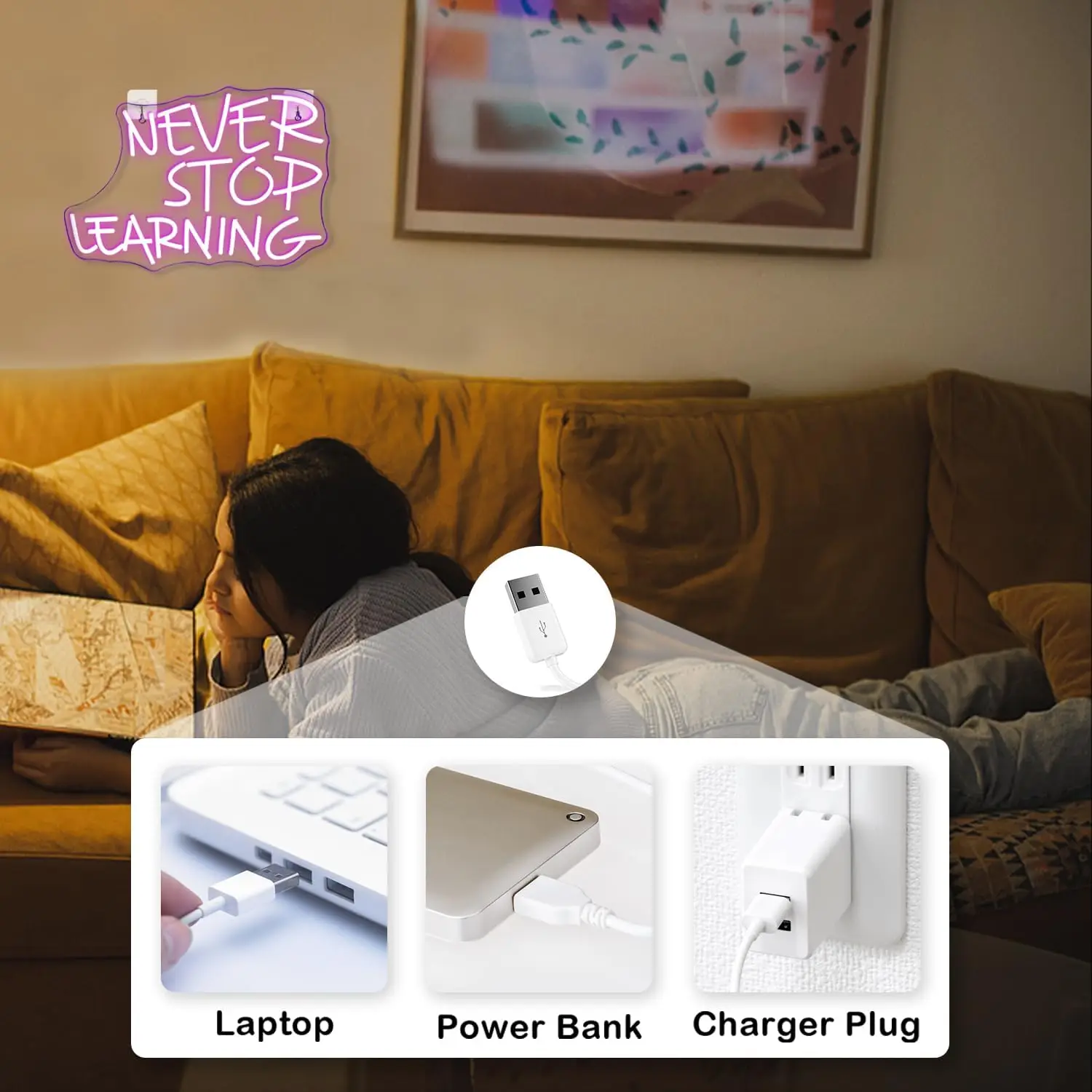 Looklight Never Stop Learning Neon Sign Purple LED Wall Decor USB Light Up Signs for Home Offices Study Rooms Classrooms Librari