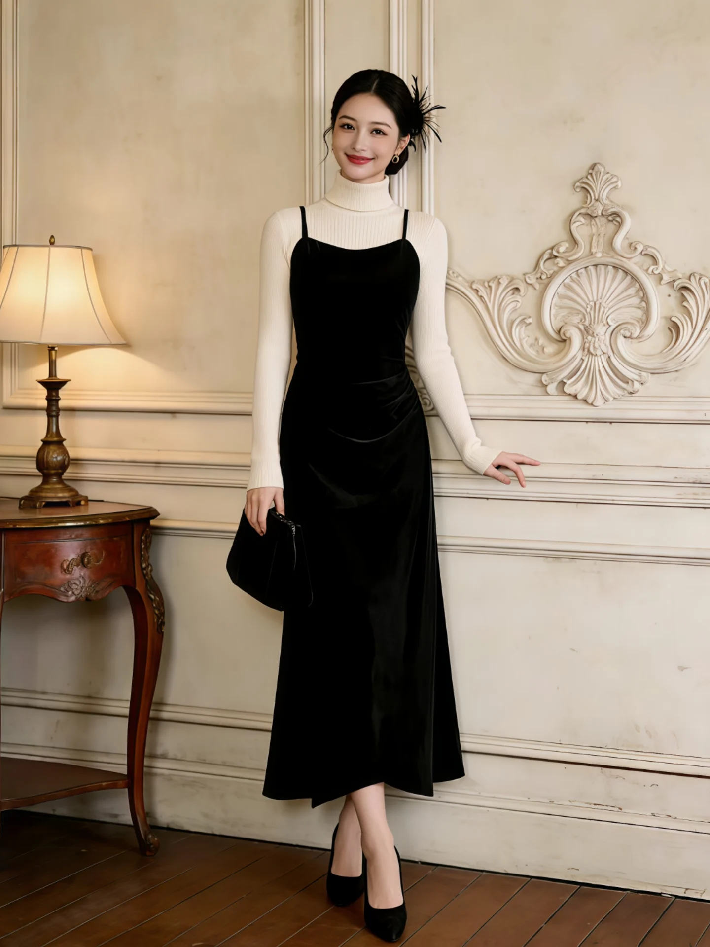 

Ele Velvet Svel Belted Women's Dr Long Evening Gown Faionable Zipper Sle Mid-Waist Bla Color for Parties