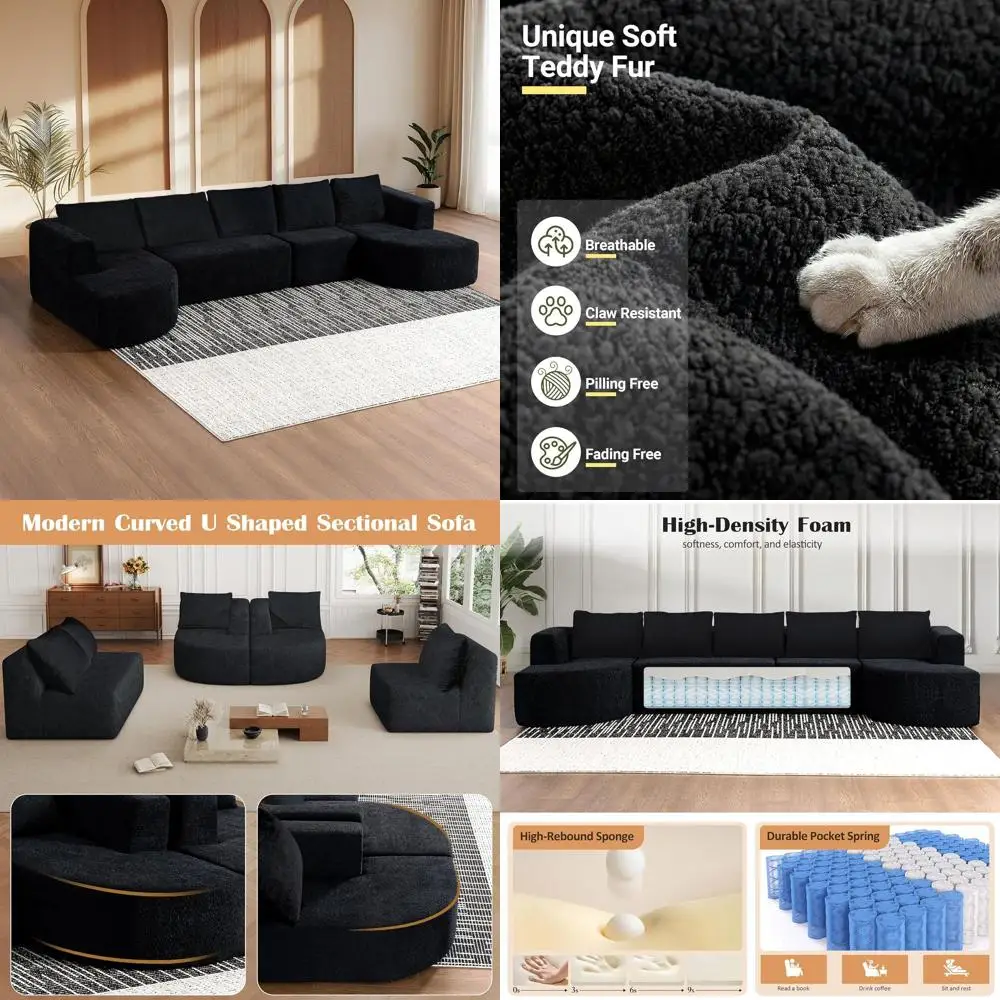 

U-Shaped Cloud Sectional Sofa with Chaise, Deep Seat Memory Foam, Large Size, Easy Assembly, Black Leather Look