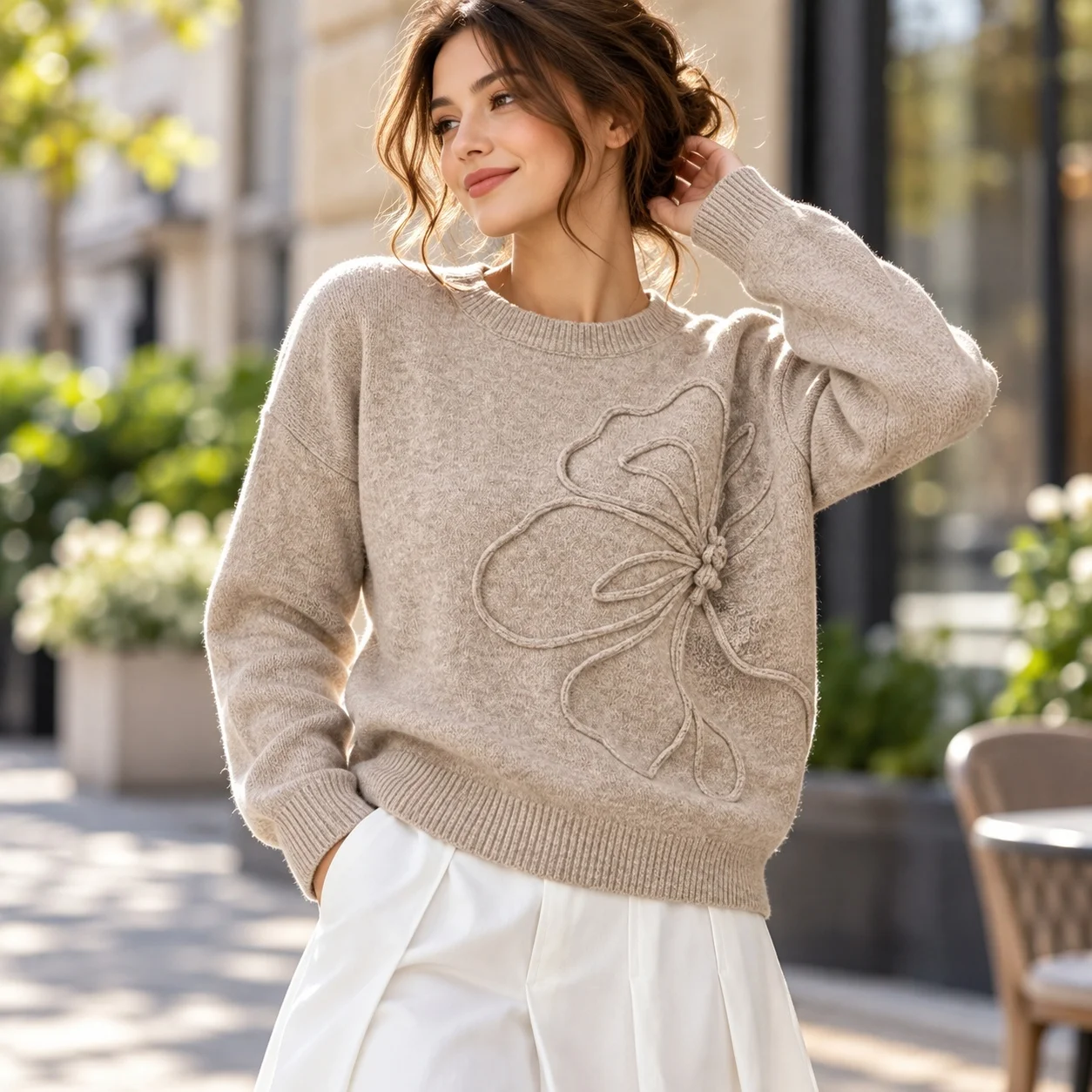 Round Neck Pullover Top Regular Length Streetwear with Spring Single Floral Pattern Regular Thickness Casual Women Sweater