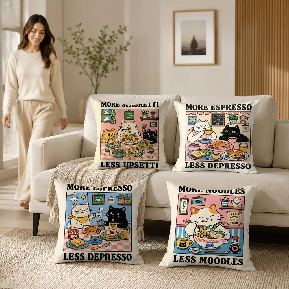 More Espresso Less Depresso Black Cat Cushion Cover Short Plush Soft Double-Sided Printing Pillow Case Cozy Sofa Home Decor Gift