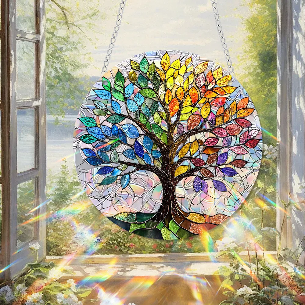 

Life Tree Sunlight Catcher Window Hanging Acrylic Color Film Round Pendant Outdoor Indoor Garden Balcony Home Room Decorations