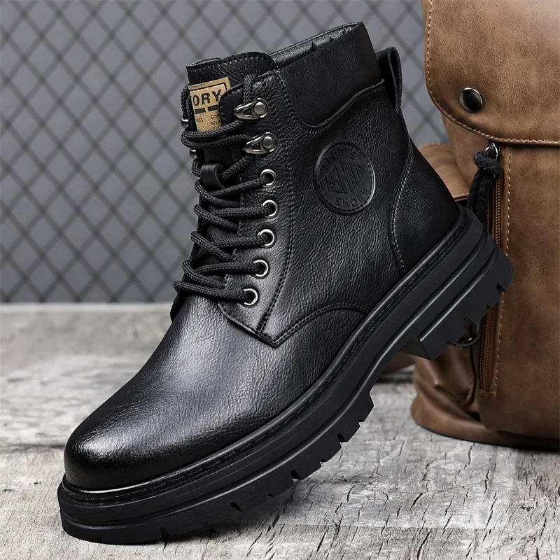 

Men's leather boots with added fleece and thickened warmth, casual and trendy British outdoor work boots for young people
