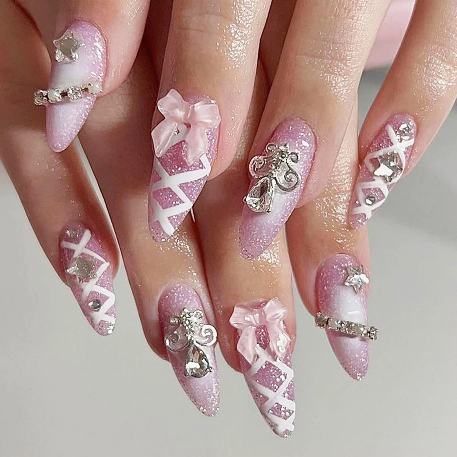 

24Pcs Glitter Pink Almond Fake Nails with Rhinestones - Star & Bowknot Press on Nails - Bling Acrylic False Nails for Women