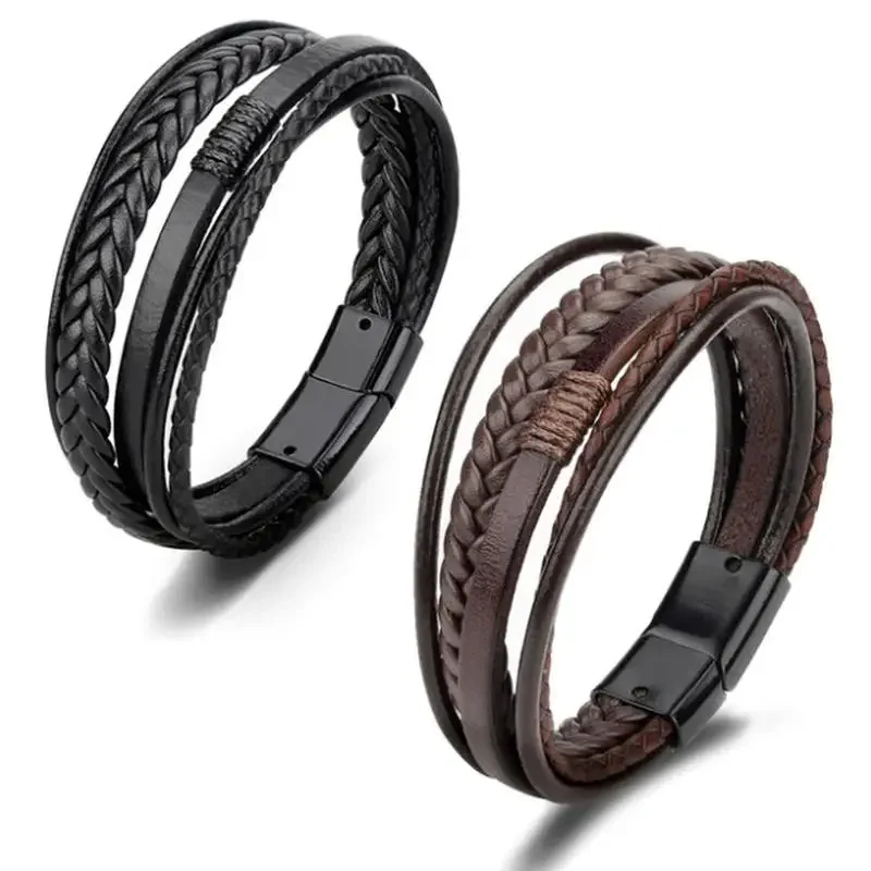 Exquisite Luxury Multi-Layered Leather Magnetic Bracelet Brown and Black Design Suitable for Men's Daily Wear Jewelry Stackable