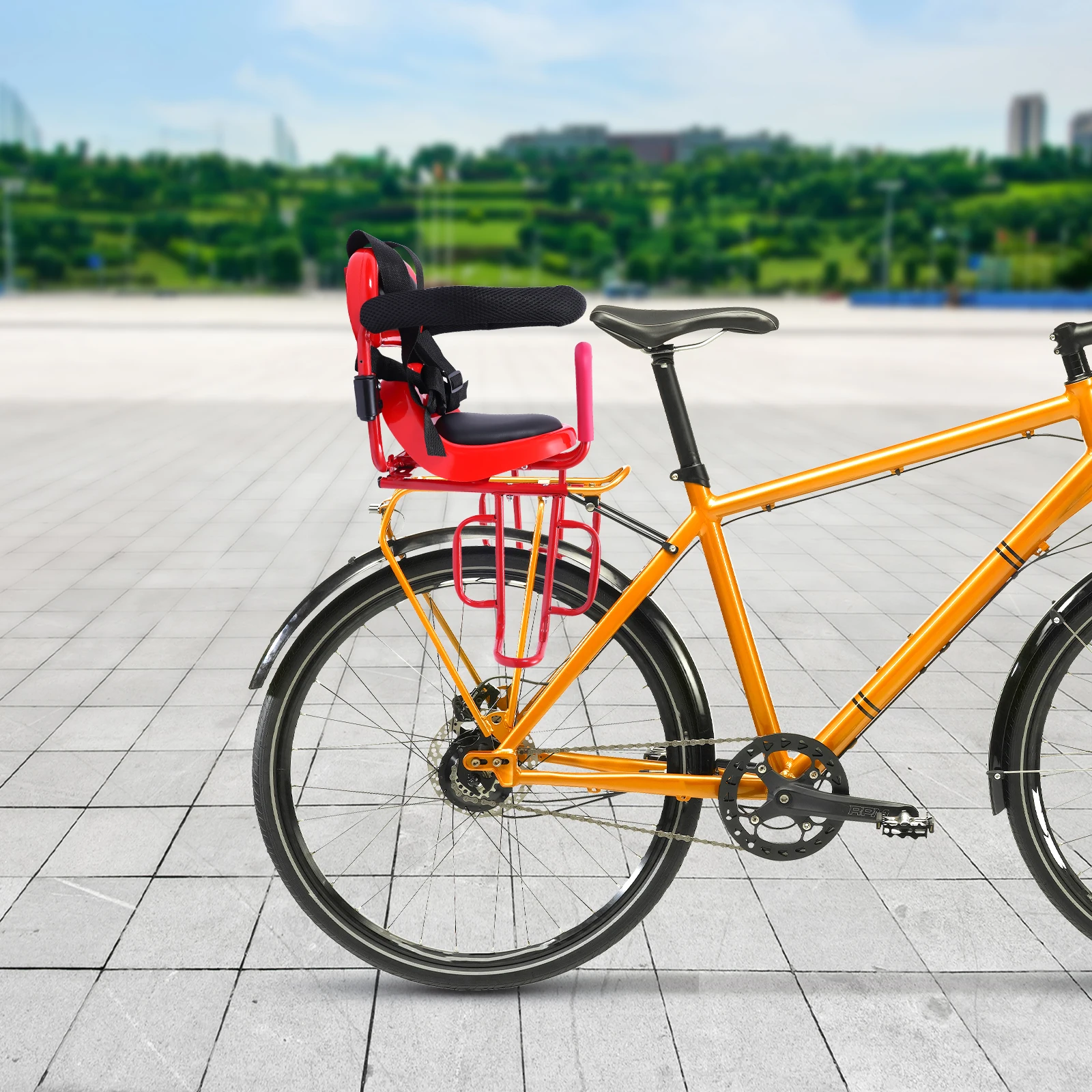 مقعد خلفي لدراجة الأطفال مع حزام أمان ودرابزين على شكل حرف U ودعامات مسند للقدمين، تصميم قابل للإزالة للدراجات والدراجات الكهربائية باللون الأحمر