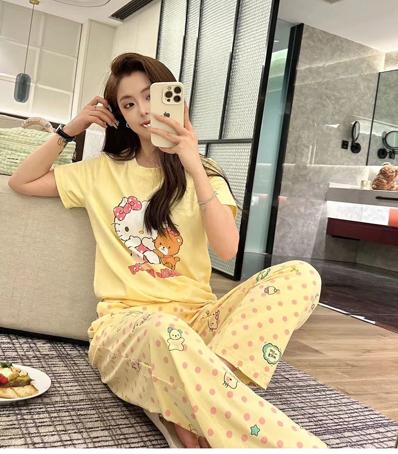 Летние пижамы с рисунком KT Cat, женские летние шорты с короткими рукавами, комплект большого размера