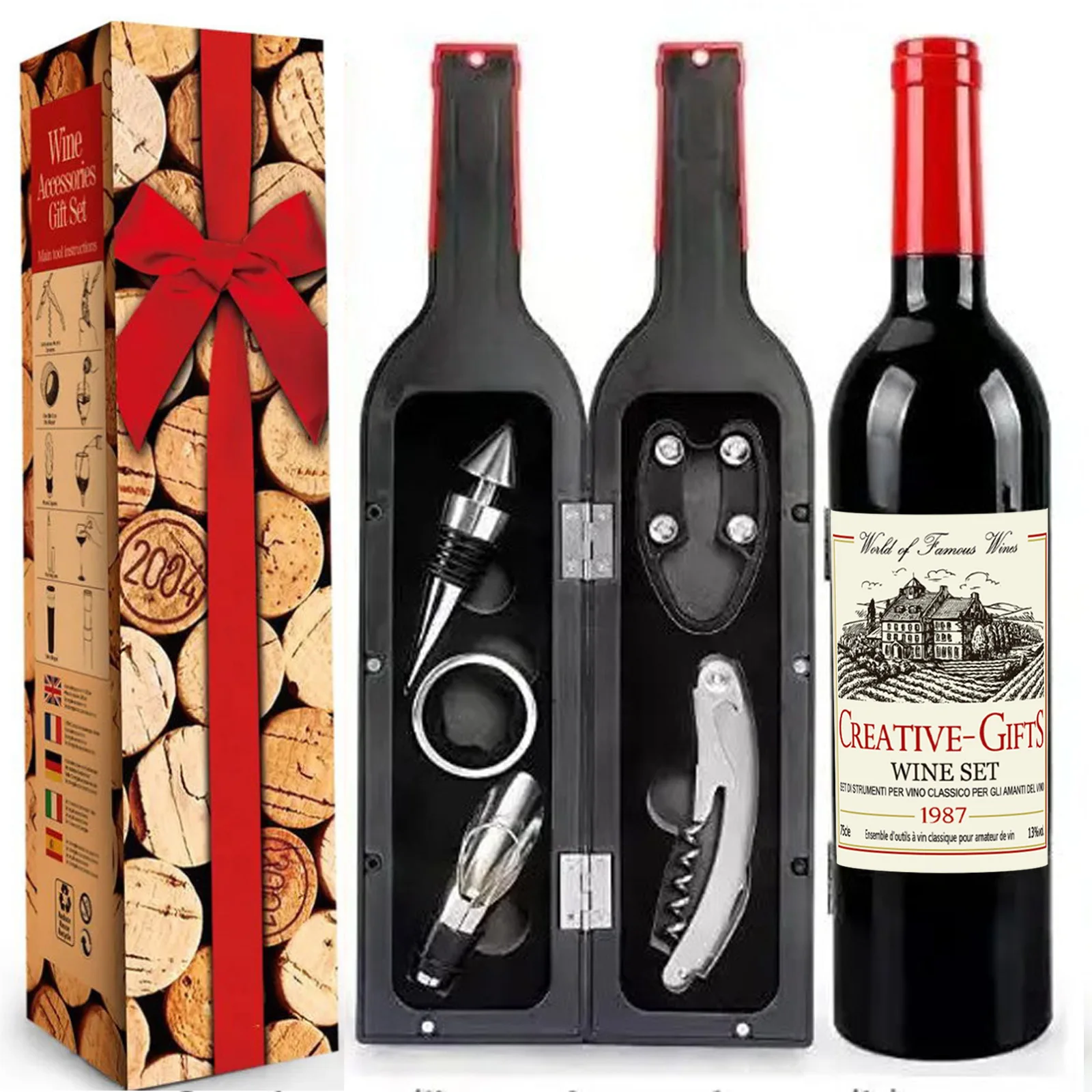 Red headed liquor bottle sanding knife pointed cork 5-piece set square white label creative supply Red headed