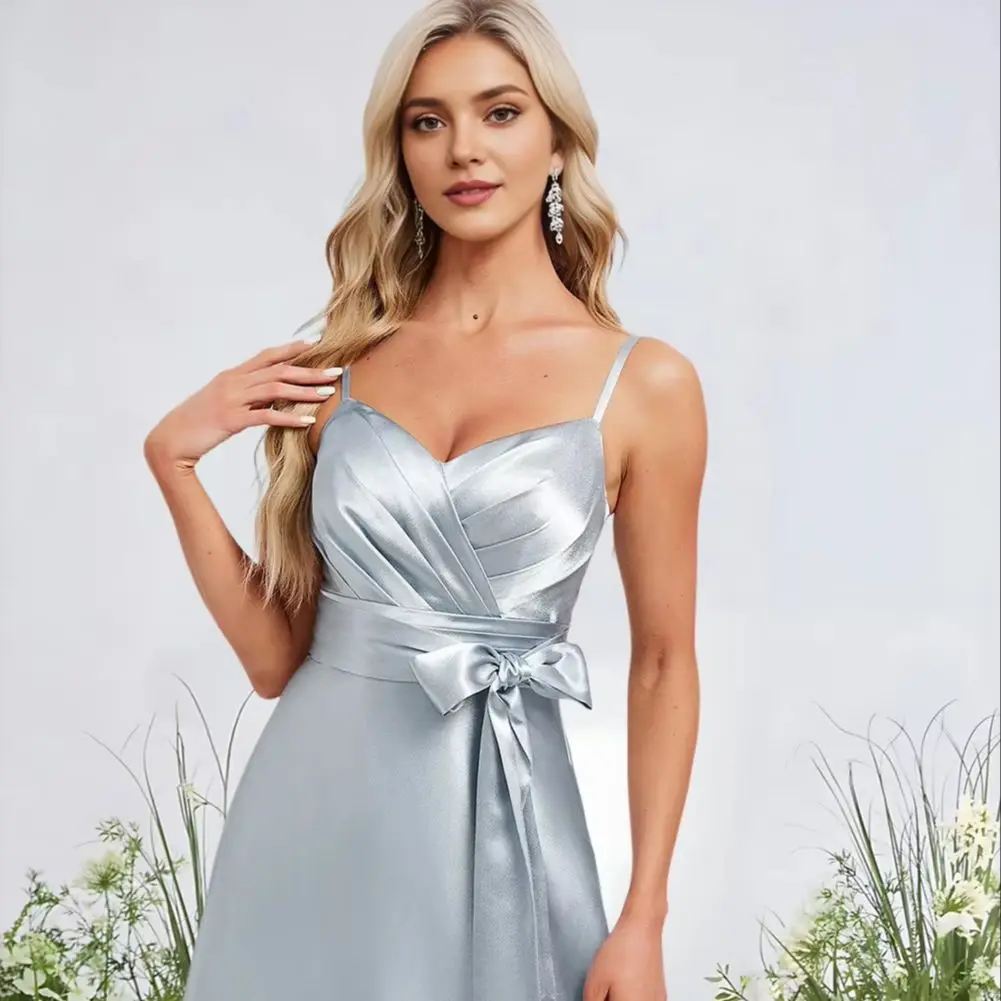 RNI Women A-Line V-Neck Bridesmaid Dresses Stretch Satin Floor-Length Spaghetti Straps Wedding Guest Cocktail Party Dress