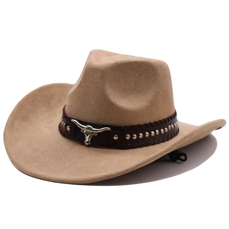 Western cowboyhoed met stierenkopnieten, gebogen rand, winddicht koord en vilt, geschikt voor buitenritten en jazzhoeden.