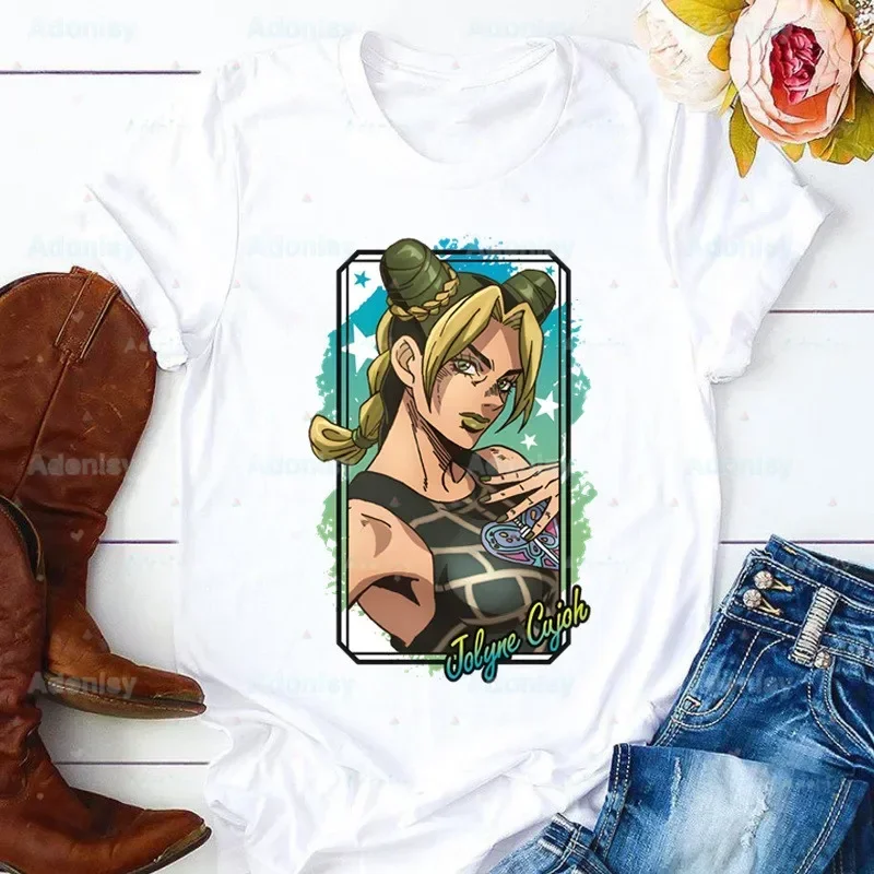 Jolyne Cujoh Stone Ocean Print T-shirts Women Summer Graphic Jojo Bizarre Adventure Tees Shirts Tshirts Crew Neck Harajuku Tops